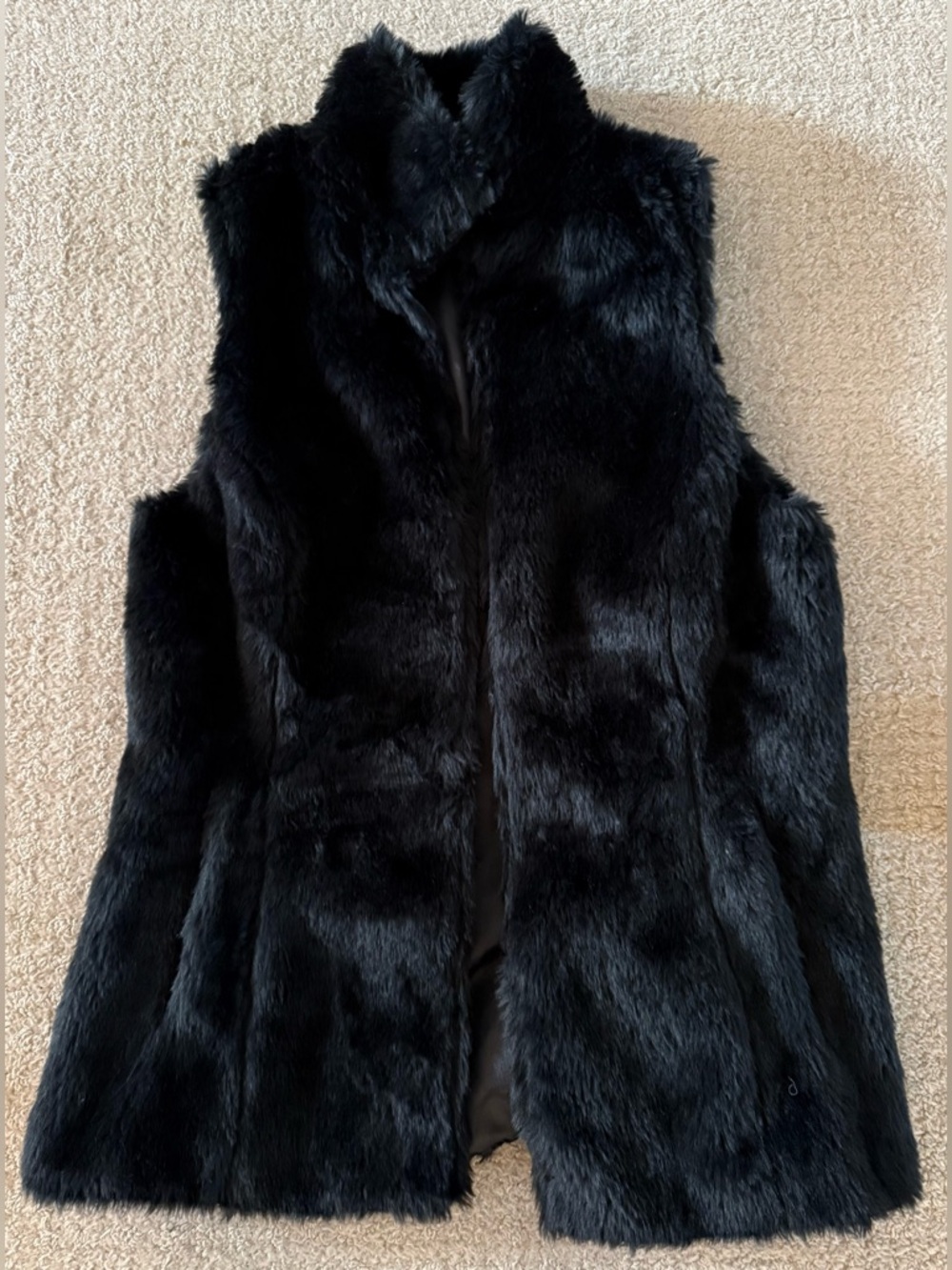 Vintage Havana Black Faux Fur Vest Large L Sleeveless Open Front Cozy